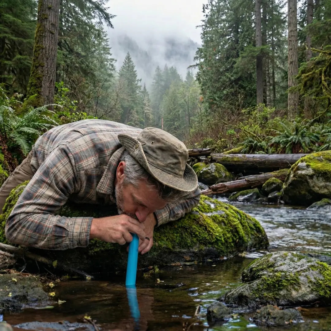 Drinking from a stream through the Oasis Straw